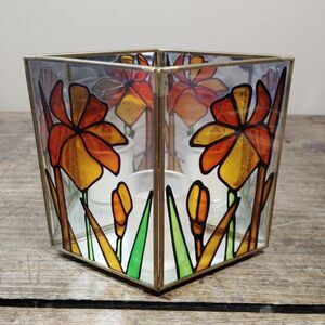 Handcrafted Stained Glass Candle Holder Mirror Diamond Shape Floral MCM Vintage